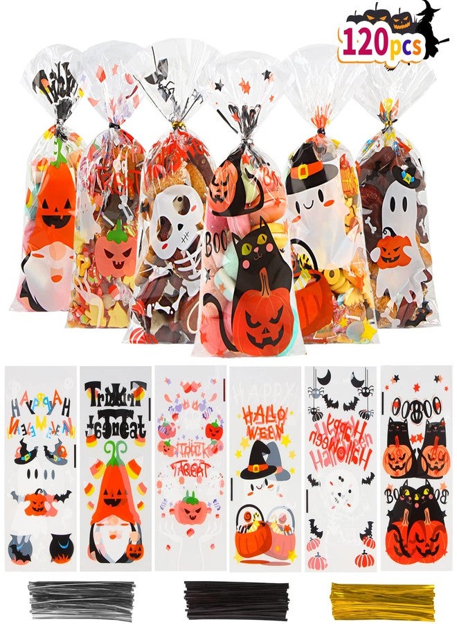 LOKIPA 120PCS Halloween Cellophane Treat Bags, 6 Styles Halloween Cellophane Candy Bags with 150 Twist Ties for Trick or Treat Party Favors - Image 1